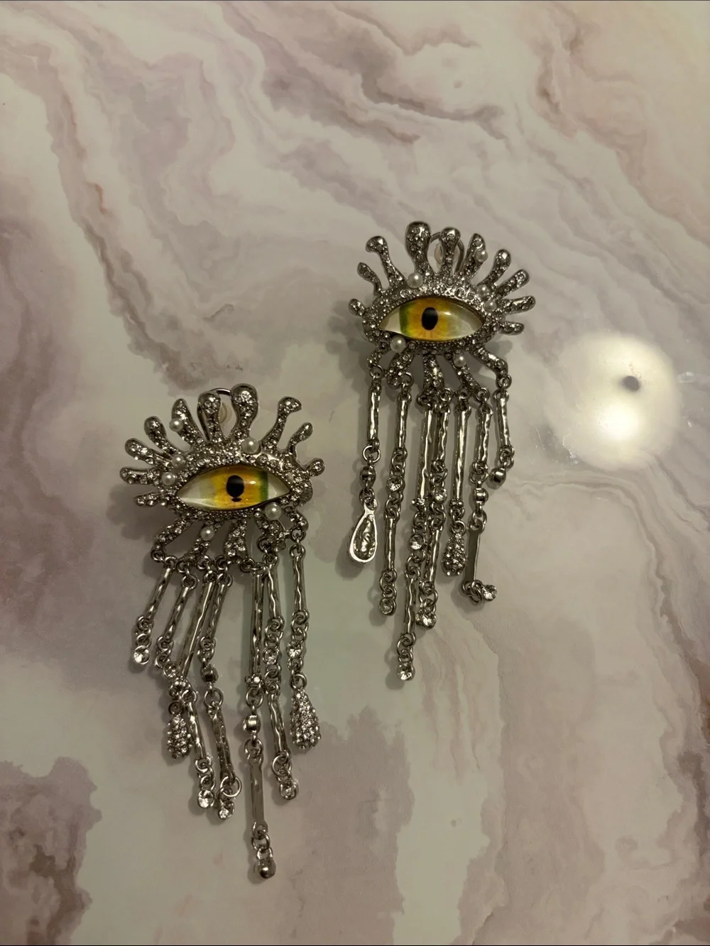 Statement Silver Eye Dangle Earrings with Yellow Accent